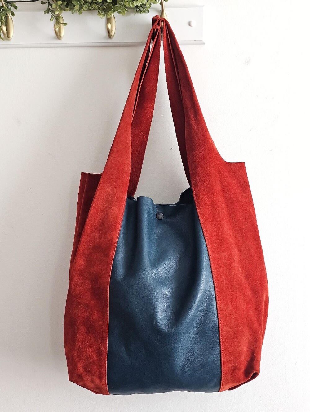 Pulcati for Anthropologie Made in Italy Red Suede & Navy Leather Oversized Tote